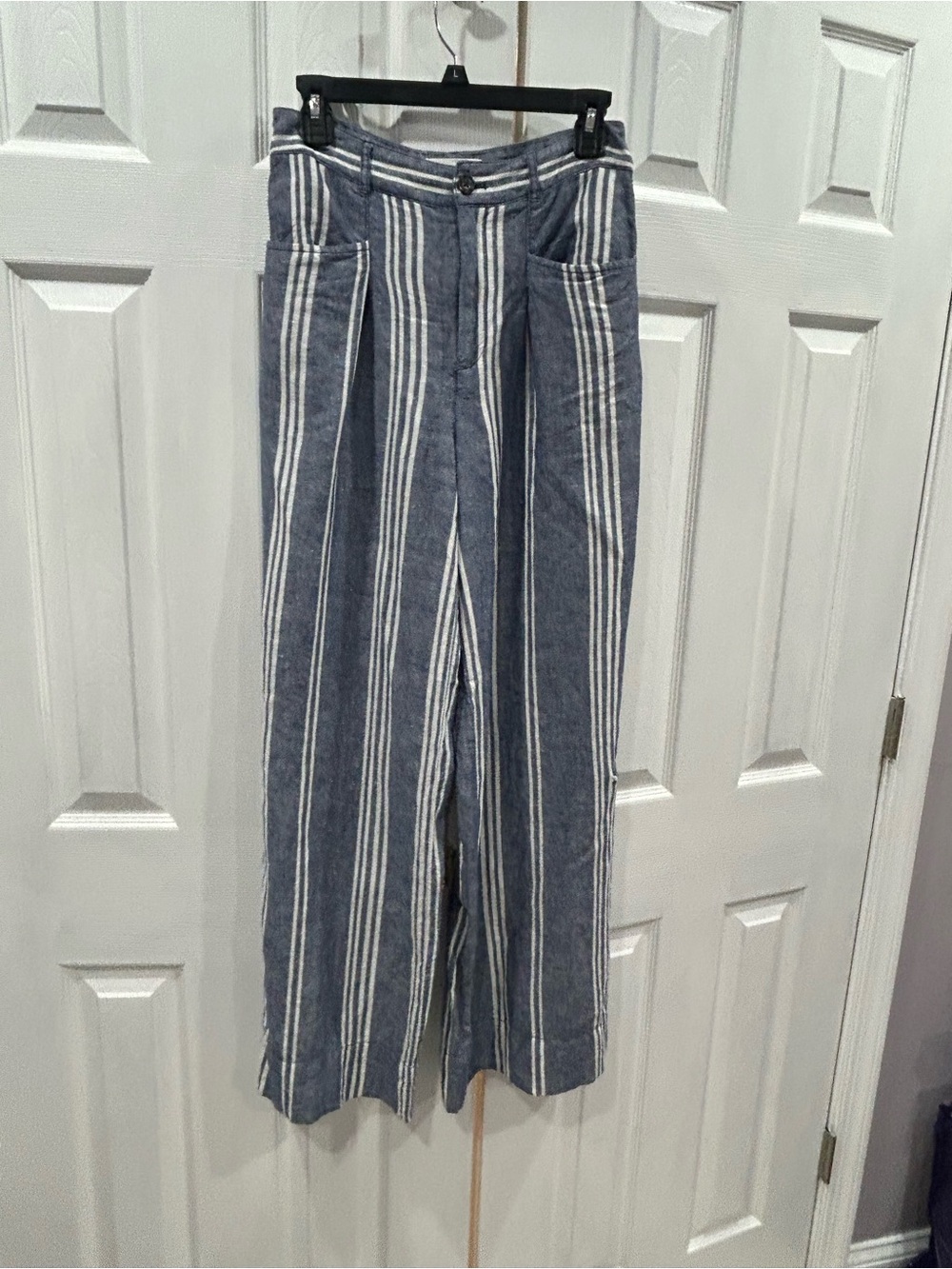 Anthropologie Blue and White Vertical-Striped Wide-Leg Chinos- Linen and cottton